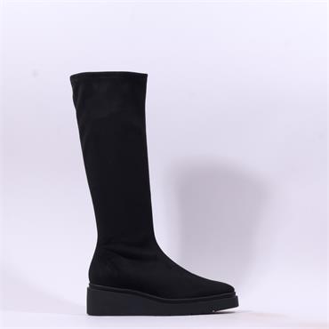 Miss Elastic Platform Wedge Long Boot - Black Stretch